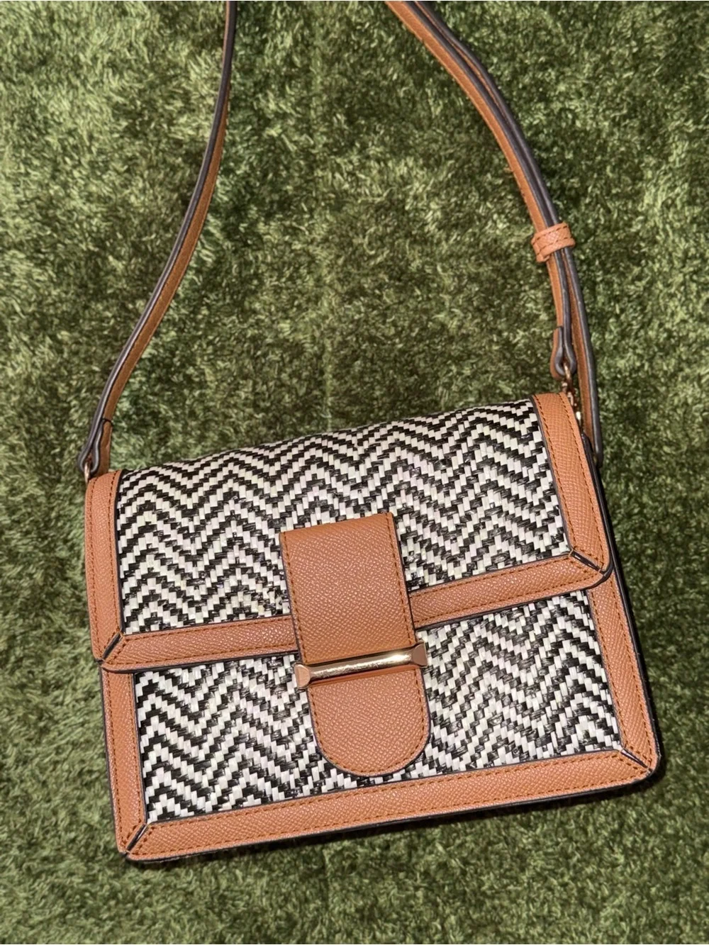 Aldo Black-and-White Woven Crossbody with Tan Trim
